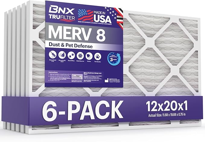 BNX TruFilter 12x20x1 Air Filter MERV 8 (6-Pack) - MADE IN USA – Dust & Pet Defense Pleated Air Conditioner HVAC AC Furnace Filters for Dust, Pet, Mold, Pollen MPR 600 – 700 & FPR 5