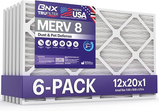 BNX TruFilter 12x20x1 Air Filter MERV 8 (6-Pack) - MADE IN USA – Dust & Pet Defense Pleated Air Conditioner HVAC AC Furnace Filters for Dust, Pet, Mold, Pollen MPR 600 – 700 & FPR 5