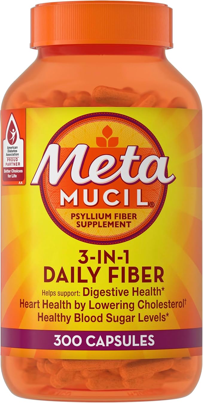Metamucil, Fiber Capsules, 3-in-1 Psyllium Husk Fiber, 300 Capsules, Daily Fiber Supplement, Help support digestive health*, heart health by lowering cholesterol†, and healthy blood sugar levels*.