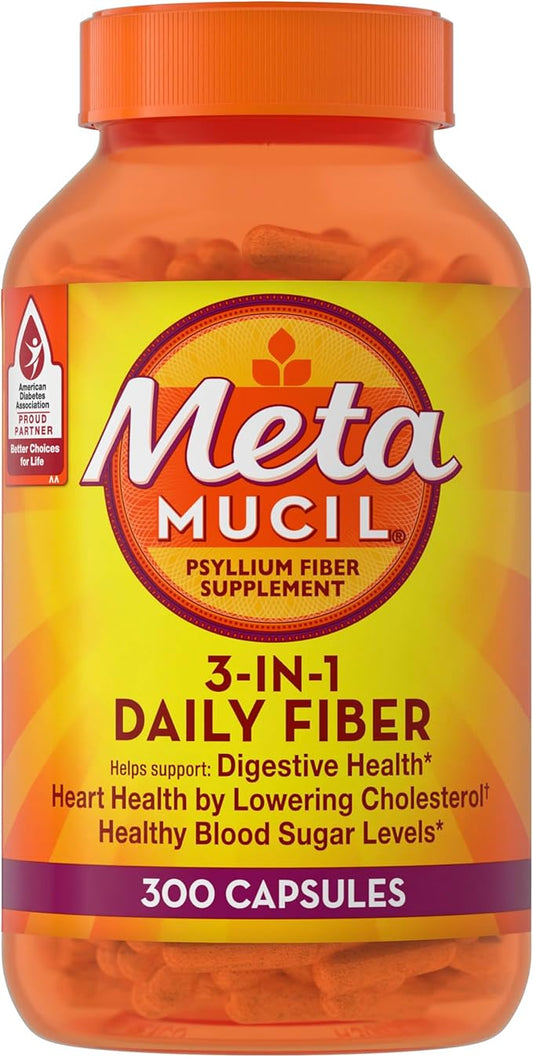 Metamucil, Fiber Capsules, 3-in-1 Psyllium Husk Fiber, 300 Capsules, Daily Fiber Supplement, Help support digestive health*, heart health by lowering cholesterol†, and healthy blood sugar levels*.