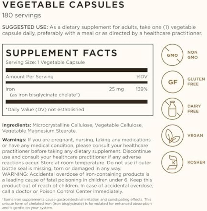 Solgar Gentle Iron, 180 Vegetable Capsules - Ideal for Sensitive Stomachs - Non-Constipating - Red Blood Cell Supplement - Non GMO, Vegan, Gluten-Free, Dairy Free, Kosher - 180 Servings