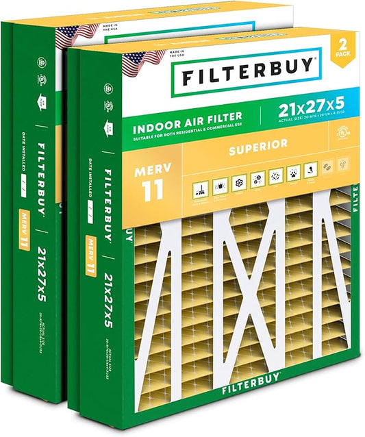 Filterbuy 21x27x5 Air Filter MERV 11 Allergen Defense (2-Pack), Pleated HVAC AC Furnace Air Filters Replacement for Trane Perfect Fit & American Standard (Actual Size: 20.56 x 26.13 x 4.97 Inches)