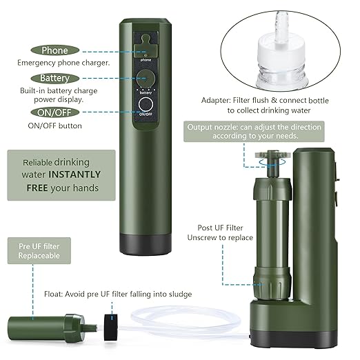 Pro Electric Water Purifier Survival w/Hand Pump, Portable Water Filter Camping Backpacking Hiking Outdoor Travel Emergency, Water Filtration System Survival, Water Purification Tablets Alternative