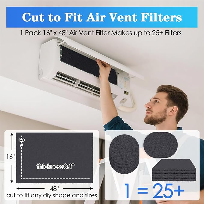 Carbon Activated Air Filter, 16"x48" Cut to Fit Carbon Filter Charcoal Sheet Replacement Charcoal Pad for Air Purifiers Window AC Vent Range Hood