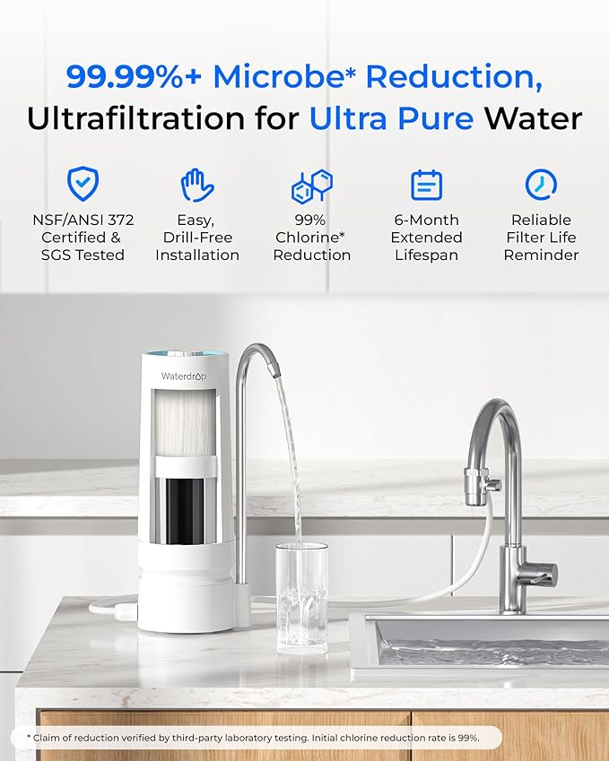 [Ultra Filtration] Waterdrop Countertop Water Filter, Filter Life Reminder, 4000 Gallons, Reduces Heavy Metals, Bad Odor, and 99% Chlorine (1 Filter Included) WD-CTF-07