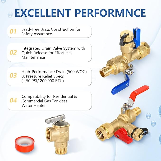 3/4 Inch GUOFIS IPS Tankless Water Heater Valve Kit with Pressure Relief Valve(3/4"FIPx 3/4" PEX-A Expansion F1960),2 Set Water Heater Valve Kit