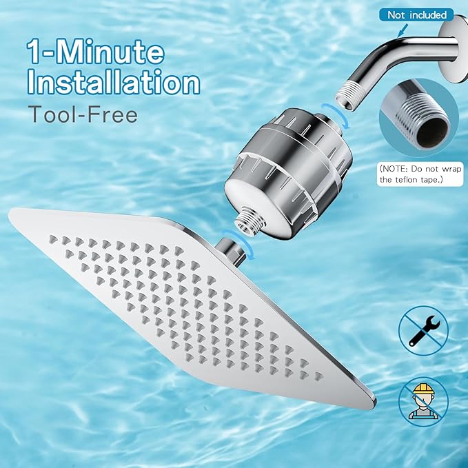 10'' High Pressure Filtered Shower Head Combo 20 Stage Shower Filter for Hard Water, Removes Chlorine & Harmful Substances (Chrome Polished)