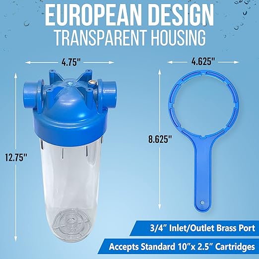 10 Inches European Design Transparent Standard Whole House Water Filter System with Presser Relief Valve, 3/4” Inlet/Outlet Brass Port and Yearly Supply (3) Granular Activated Carbon Cartridges