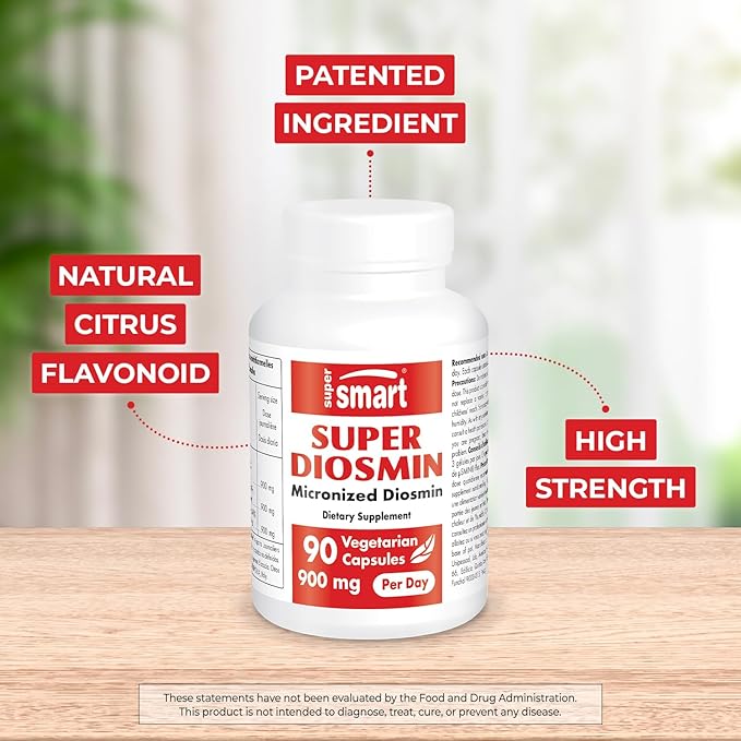 Supersmart - Super Diosmin 900mg per Day (Patented Micronized Diosmin) - Diosmin from Hesperidin - 90% Flavonoid Complex Supplement | Non-GMO & Gluten Free - 90 Vegetarian Capsules