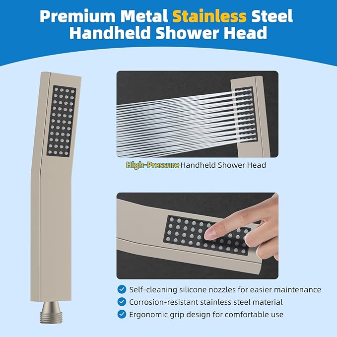 Hibbent All Metal Shower Head, 10'' High Pressure Rainfall Shower Head, Showerhead Combo, Handheld Shower Wand, 12'' Adjustable Curved Extension Arm, 71'' Hose, Shower Head Holder, Brushed Nickel