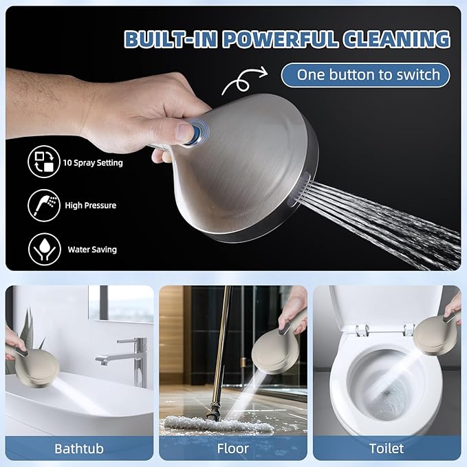 iFealClear Metal Rain Shower Head, 8” High Pressure Rainfall Shower Head with Handheld Spray, 10-Mode Handheld Powerful Wash, 16" Adjustable Extension Arm, Brushed Nickel