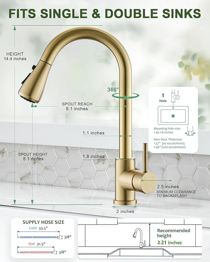 Gold Kitchen Faucet, Brass Kitchen Faucet with Pull Down Sprayer, Single Hole Stainless Steel Brushed Gold Faucet for 3 Hole Kitchen Sink Gooseneck for Commercial Modern Camper RV Farmhouse Bar Sink
