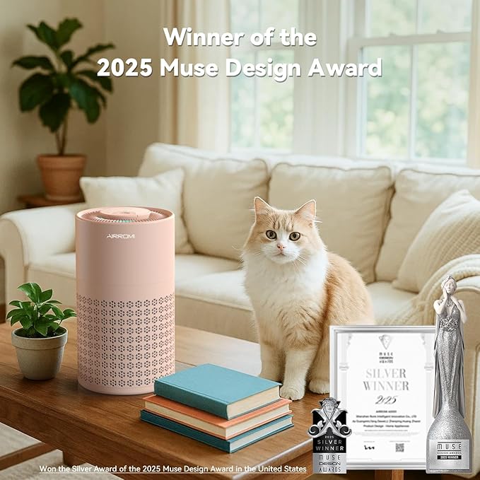 AIRROMI Air Purifier for Bedroom with HEPA 3-in-1 Filter, Pet Air Purifier for Home Cat Pee Smell, Covers Upto 990 Ft², Quiet 360°intake Air Cleaner for pet hair,allergies,Dust,Smoke A2001 Orange