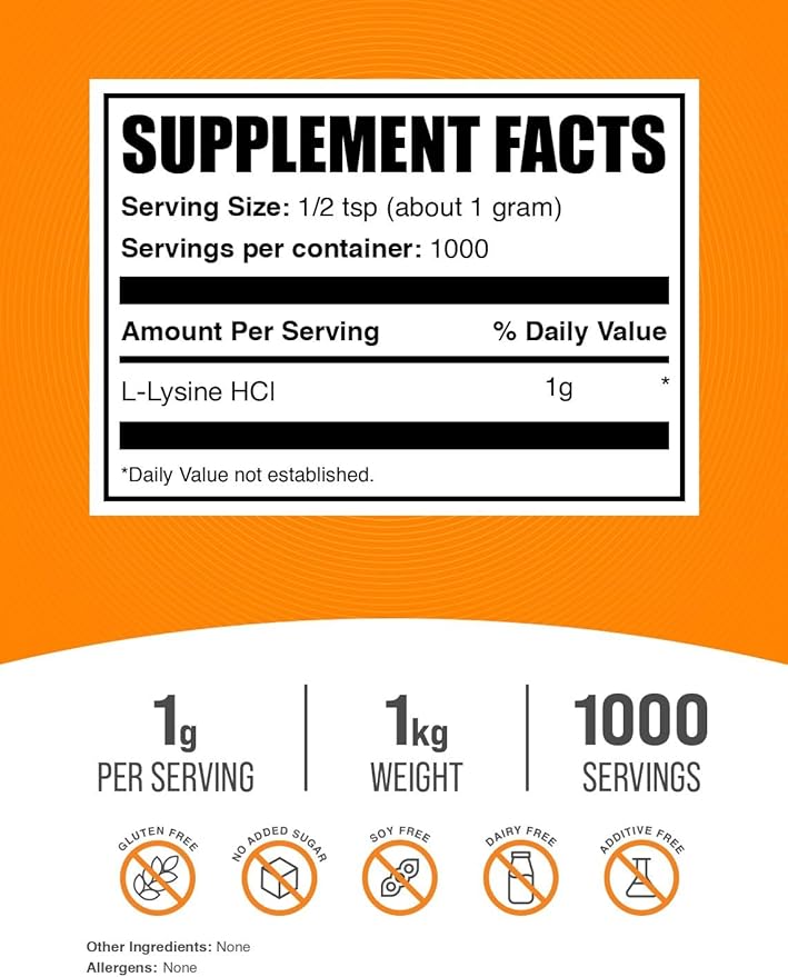 BulkSupplements.com L-Lysine Powder - Lysine Supplement, Essential Amino Acid, for Immune Support - Gluten Free, 1g per Serving, 1kg (2.2 lbs) (Pack of 1)