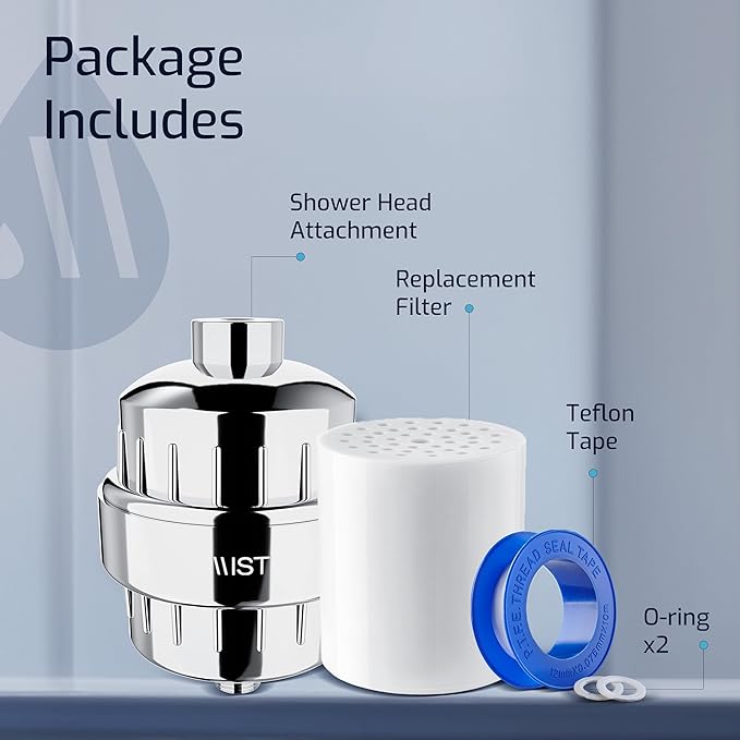 Mist Filtered Shower Head Attachment, High Output, 15 stage Shower Filter for Hard Water, Improves the Condition of Skin & Hair - Water Softener (1 Replacement Filter) Chrome