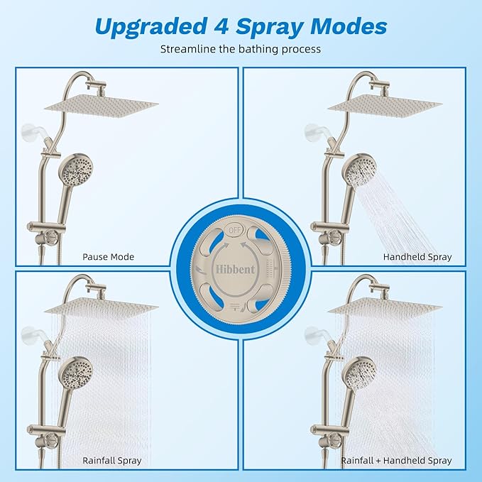 Hibbent Upgraded All Metal 12" Rainfall Showerhead Combo, High Pressure Shower Head with 10-Spray Mode Handheld, 4-way Diverter with Pause Mode, 71'' Shower Hose and Handheld Holder, Brushed Nickel