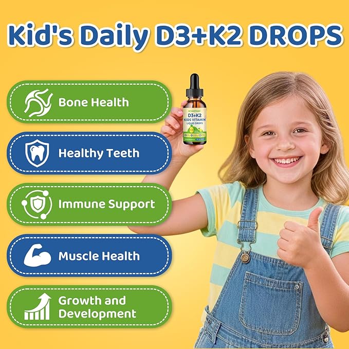 Kids Vitamin D3 K2 Drops, Vitamin D3 K2 (MK-7) Supplement with Calcium for Kids & Adults - Support Strong Bones, Teeth & Immune, Sugar Free Pineapple Flavor 2 FL OZ