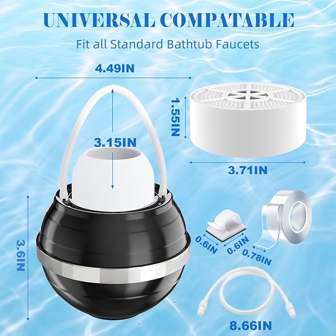 Bath Filter for Tub, 8 Stages Bathtub Water Filter Removes Hundreds of Contaminants for Softer, Smoother Skin 2500 Gallons of Filtration, BPA Free (Black)