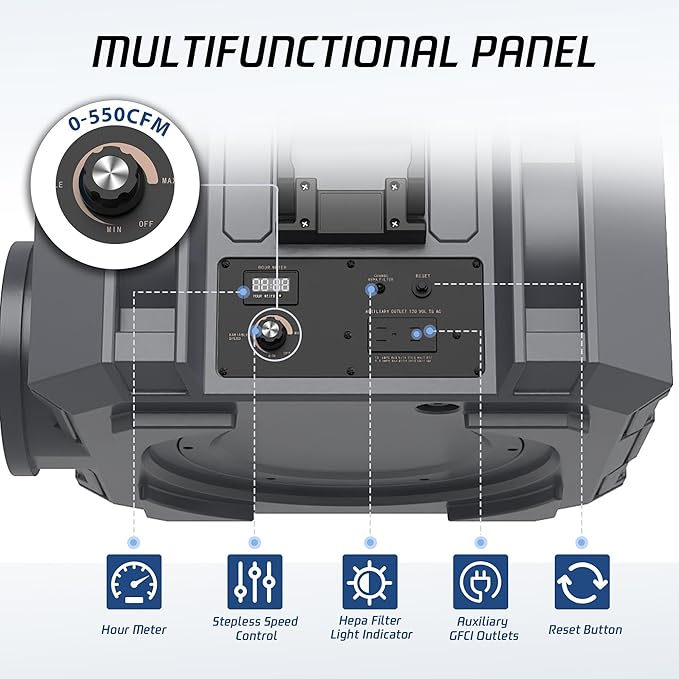 Hepa Air Scrubber Commercial Air Purifier with 3-Stage Filtration Negative Air Machine Industrial Air Purifier for Heavy Duty, 550CFM