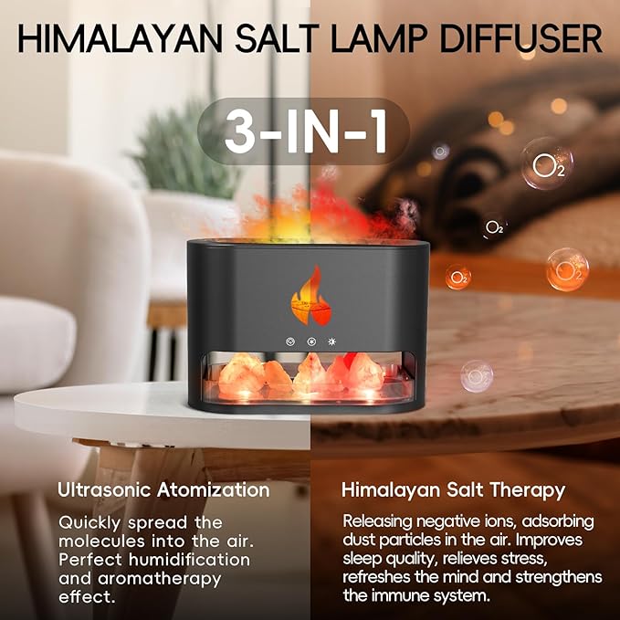 Fireplace Flame Diffuser, Aromatherapy Essential Oil 250ml Himalayan Salt Lamp Cool Mist Ultrasonic Humidifier for Bedroom,Office,Home, Auto Shut-Off, Night Light (Black), (M23)