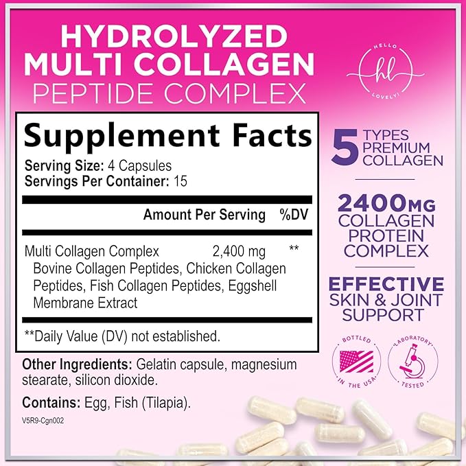 Multi Collagen Peptides Supplement - Hydrolyzed Types I, II, III, V & X Multi Collagen Pills, Hydrolyzed Collagen Peptides Supplements, Hair, Skin, Nail, and Joint Support Supplement, 60 Capsules