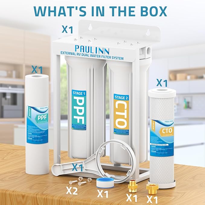 PAULINN External RV Dual Water Filters System, Lead-Free & BPA-Free Camper Water Filter with Brass Fittings & Mounting Bracket & Two Filters, Reduces Sediment, Chlorine, Bad Taste and Odors