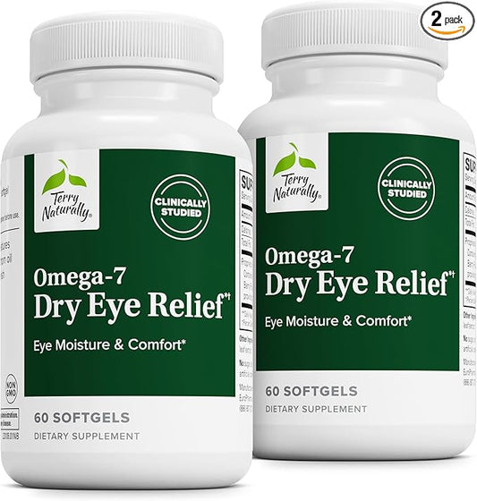 Terry Naturally Omega-7 Dry Eye Relief - Eye Health Supplement with Buckthorn Seed Oil - Dietary Supplement to Aid Dry Eye Relief - 60 Softgels, 2 Pack