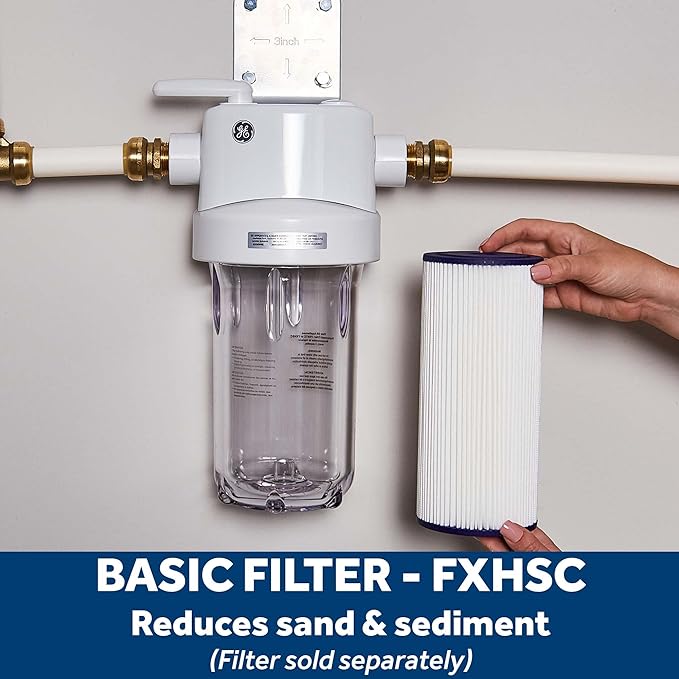 GE Whole House Water Filtration System, Reduces Sediment, Rust & More, Install Kit & Accessories Included, Filter Not Included, Replace Filters (FXHTC, FXHSC) Every 3 Months, GXWH40L