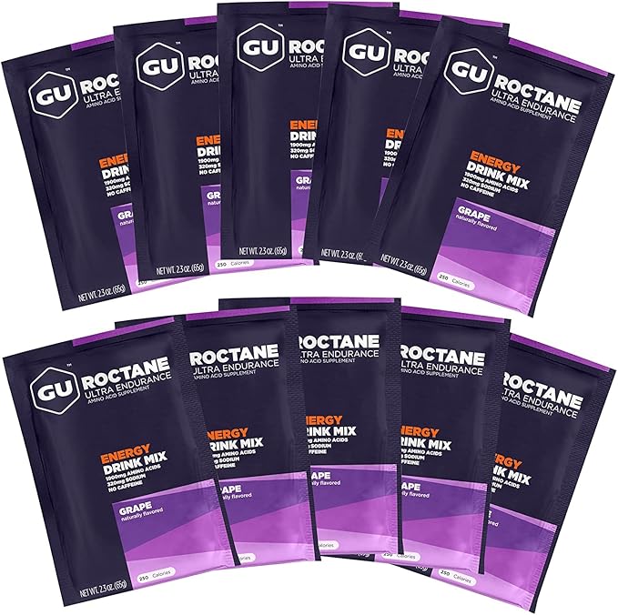 GU Energy Roctane Ultra Endurance Energy Drink Mix, Vegan, Gluten-Free, Kosher, Caffeine- Free, and Dairy-Free n-the-Go Energy for Any Workout, 10 Single-Serving Packets, Grape