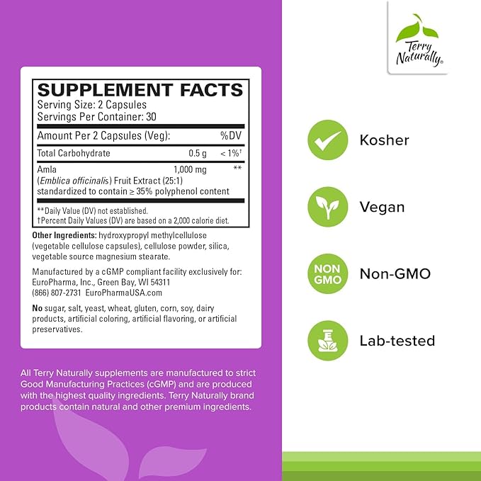 Terry Naturally Healthy Cholesterol with Amla - Antioxidant Supplement for Immune & Heart Support - Supplement to Aid Healthy Cholesterol & Triglyceride - 60 Capsules