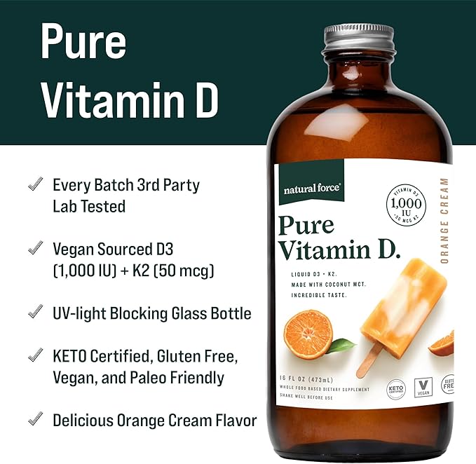 Natural Force Pure Vitamin D – Liquid D3 & K2 with Coconut MCT –1,000 IU, Immunity & Nutrient Absorption Booster- Vegan - Orange Cream, 16 fl oz