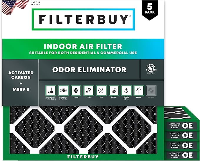 Filterbuy 24x24x1 Air Filter MERV 8 (MPR 700) Odor Eliminator Replacement (5-Pack), Electrostatic Pleated HVAC AC Furnace Filters w/Activated Carbon, Made in USA (Actual Size: 23.38 x 23.38 x 0.75)