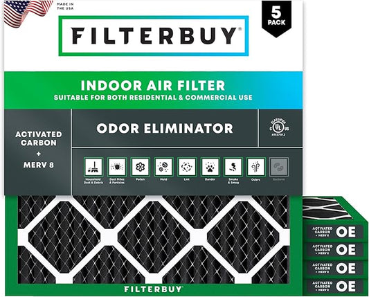 Filterbuy 24x24x1 Air Filter MERV 8 (MPR 700) Odor Eliminator Replacement (5-Pack), Electrostatic Pleated HVAC AC Furnace Filters w/Activated Carbon, Made in USA (Actual Size: 23.38 x 23.38 x 0.75)