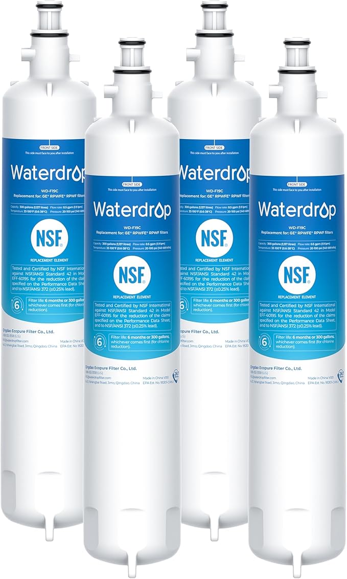 Waterdrop Replacement for GE® RPWFE®, RPWF (Built-in CHIP) Refrigerator Water Filter, Compatible with GFE28GYNFS, GFE28GELDS, PFE28KELDS, PFE28KYNFS, GFD28GELDS, PWE23KELDS, 4 Filters