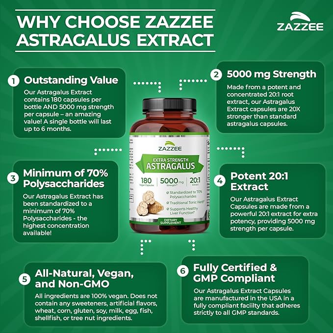 Zazzee Extra Strength Astragalus Root 20:1 Extract, 5000 mg Strength, 70% Polysaccharides, 180 Vegan Capsules, 6 Month Supply, 100% Vegetarian, Standardized and Concentrated 20X Extract, Non-GMO