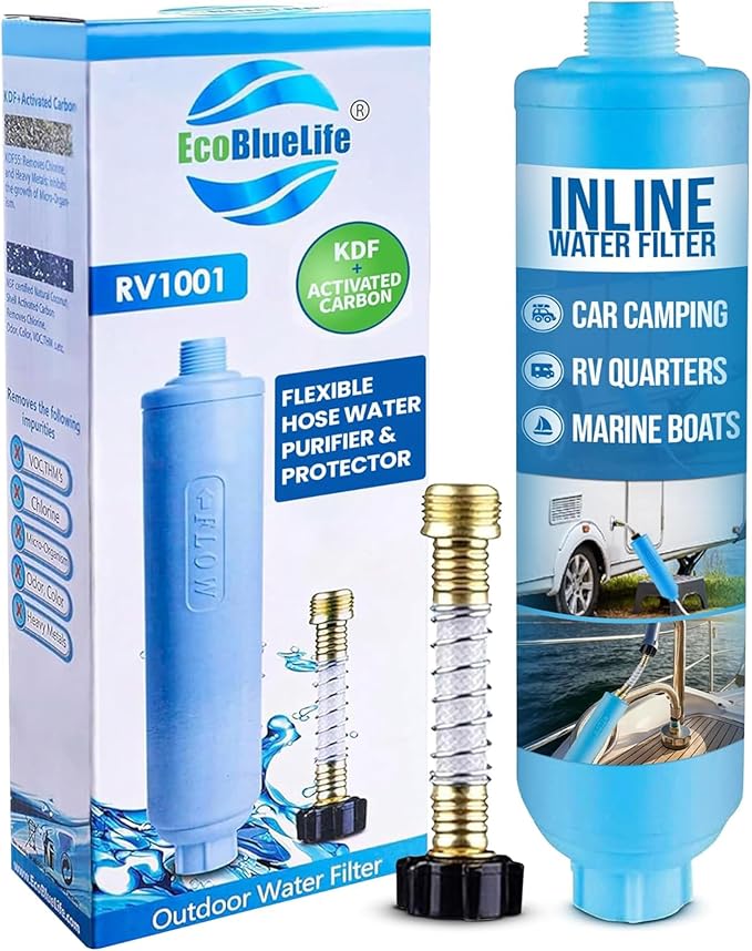 EcoBlueLife RV Water Filter - Inline Attachment with KDF & Activated Carbon, Reduces Odors, Chlorine-Taste, Sediments for Pure Drinking Waters, Perfect for Travel Trailers, Marine, Camper Water Filter