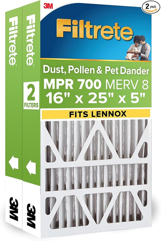 Filtrete 16x25x5 AC Furnace Air Filter, MPR 700, MERV 8, Fits Lennox, Capture Dust, Pollen & Pet Dander Reduction, 2-Pack