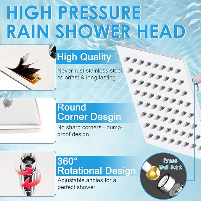 6 Inch Square Shower Head Stainless Steel High Pressure Rain Shower Heads with Extension Arm Adjustable Angle Replacement Luxury Shower Head for Modern Bathroom (Square, Chrome)