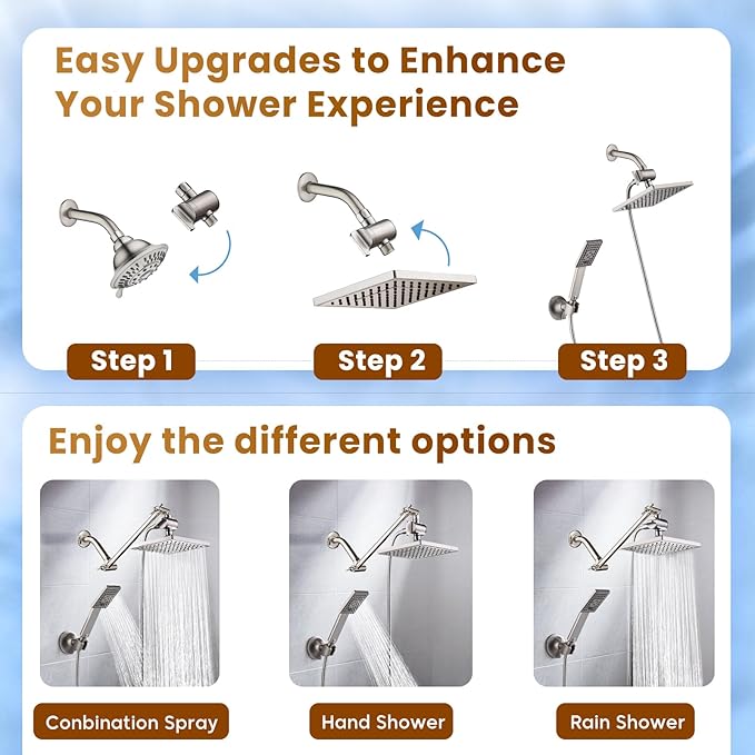 BRIGHT SHOWERS Rain Shower Head with Handheld Spray, 8 Inch Rainfall Shower Head Combo with 60" Hose, Adjustable Dual Square Showerhead Set with 3-Way Diverter, Wall Bracket, Brushed Nickel