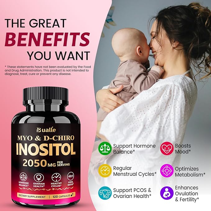 Myo-Inositol & D-Chiro Inositol Supplement for Women, 40:1 Ratio, Hormone Balance, Menstrual Cycle & Ovarian Health Support, Vegan, Non-GMO, 120 Myo & D-Chiro Inositol Capsules