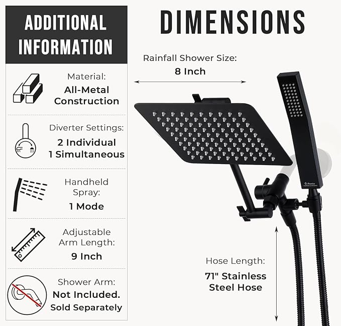 G-Promise All Metal 8 Inch Dual Square Shower Head with Handheld Spray Combo, Rain Shower Head, Adjustable Extension Arm, 3-Way Diverter, 71 Inch Extra Long Hose - A Bathroom Upgrade (Matte Black)