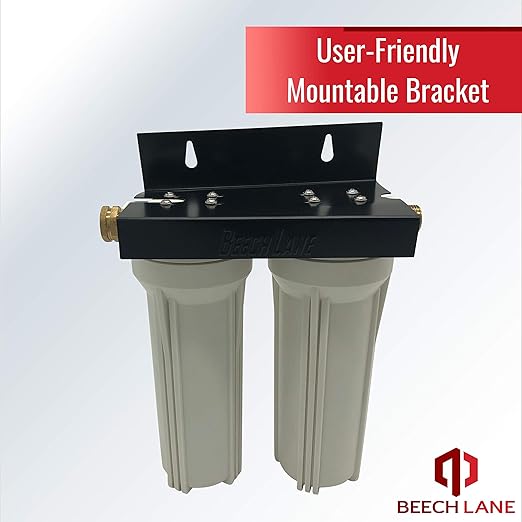 Beech Lane External RV Dual Water Filter System, Leak-Free Brass Fittings, Mounting Bracket and Two Filters Included, Sturdy Construction is Built to Last