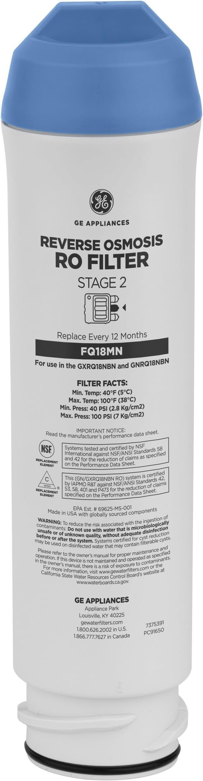 GE Membrane Filter Compatible with Select GE Under Sink Filtration Systems Including GXRQ18NBN, GNRQ18NBN, GXRV40TBN, Replace Every 12 Months, FQ18MN