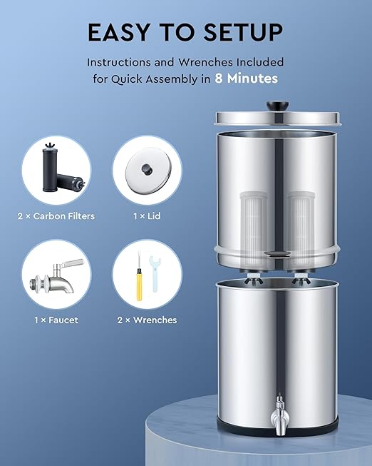 CO-Z Gravity-Fed Water Filter System, 2.25 Gallons Countertop Water Filtration System, 304 Stainless Steel Gravity Water Purifier with 2 Carbon Filters & Water Spigot, NSF/ANSI 42 Certification