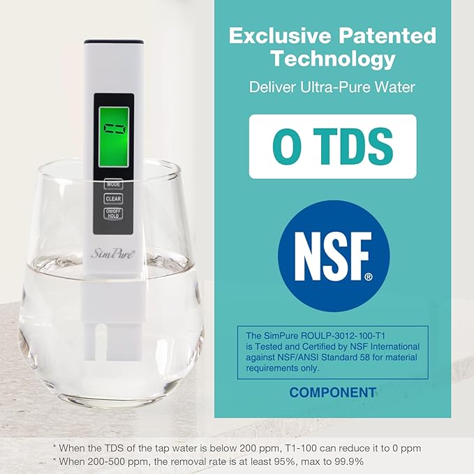 SimPure T1-100 Reverse Osmosis Water Filter, Near 0 TDS Reverse Osmosis System 7 Stage, NSF/ANSI 58 Certified, Under Sink RO Water Filtration System 100 GPD with Tank, Build in Pump, BPA Free
