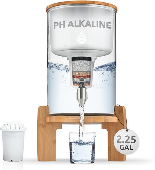 pH Recharge Glass Alkaline Water Filter Dispenser - Countertop Water Filter System - Purifier Pitcher for Home and Office - High pH Pure Drinking Water Filtration - 8.5L/2.25 Gal