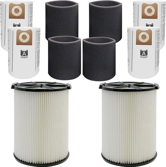 2 Pack VF4000 Filters + 4 Pack VF3502 Filter Bags + 4 Pack Foam Sleeve for Ridgid 5-20 Gallon Wet Dry Vacuum Cleaner (10 Pack)