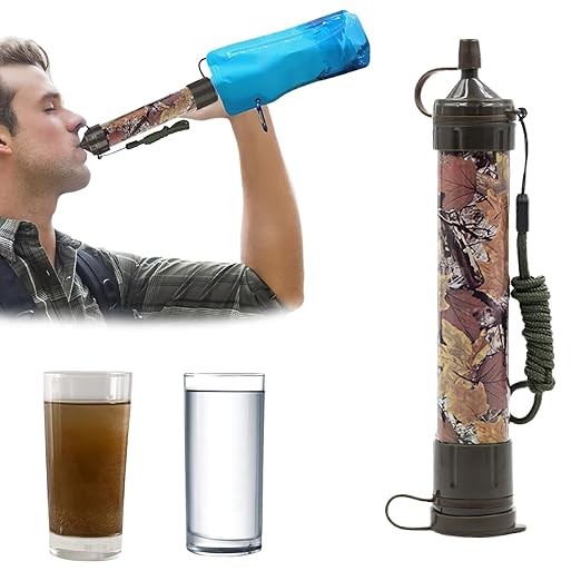 Water Filter Camping, Personal Backpacking Water Filter Straw Portable for Hiking Travels (Green Camouflage)