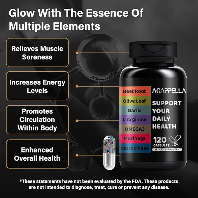 ACAPPELLA Beetroot, Olive Leaf, Garlic, L-Arginine, Omega-3, Morinaga, Nattokinase Supplements, Beetroot Capsules with Vitamin Complexes (1)