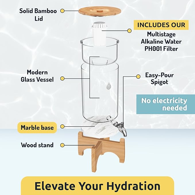 Invigorated Water pH Recharge Alkaline Water Filter Dispenser – BPA-Free Glass Countertop Water Filter Pitcher Purifier for Home & Office, 36-Cup Capacity, 360L Long Filter Life (Bamboo/Marble)